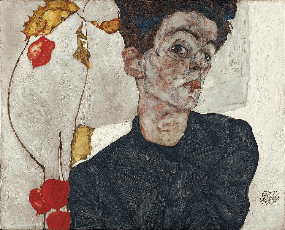 Egon Schiele'nin Fener Çiçekli Otoportre tablosu: omzunun üzerinden bakan ressam ve turuncu meyveli dal