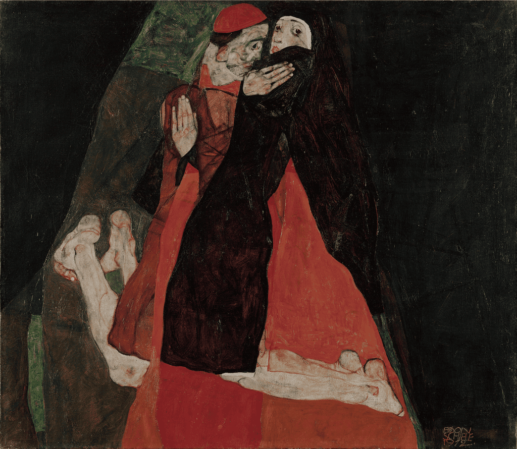 Egon Schiele'nin Kardinal ve Rahibe tablosu: diz çökmüş halde sarılan kırmızı cüppeli kardinal ve rahibe