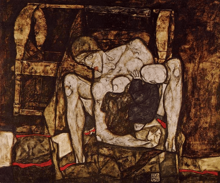 Egon Schiele'nin Kör Anne tablosu: kucağında iki bebekle gözleri kapalı bir anne