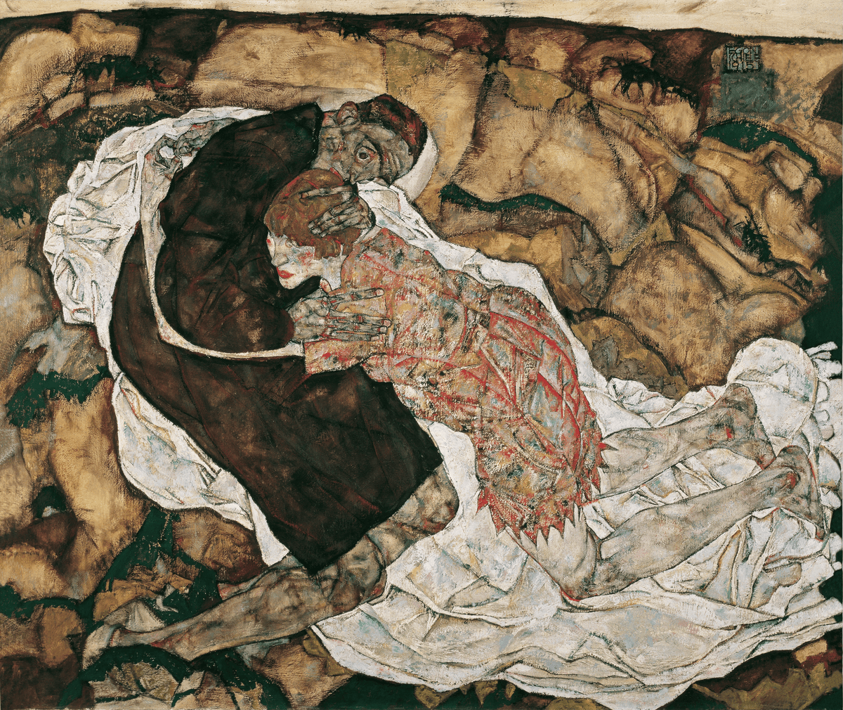 Egon Schiele'nin Ölüm ve Genç Kız tablosu: buruşuk bir örtü üzerinde sarılan erkek ve kadın