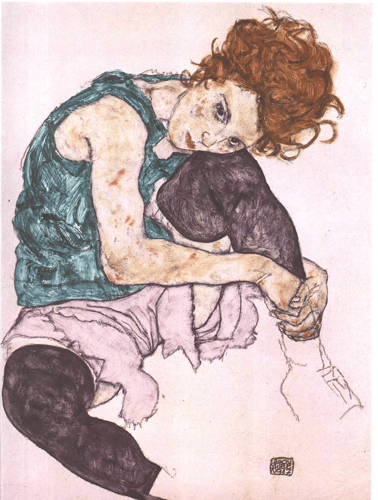 Egon Schiele'nin Dizini Bükmüş Oturan Kadın çizimi
