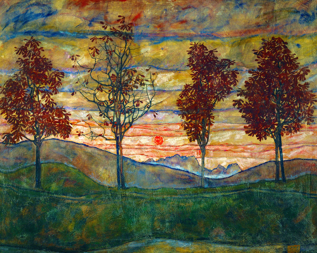 Egon Schiele'nin Dört Ağaç tablosu: batan güneşin önünde yan yana dizilmiş dört ağaç