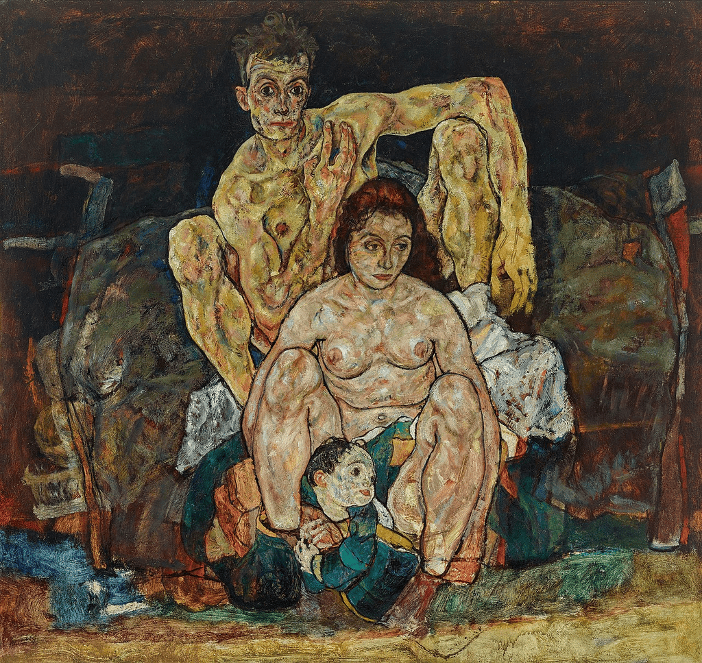 Egon Schiele'nin Aile tablosu: arkada oturan erkek, önünde kadın ve küçük bir çocuk