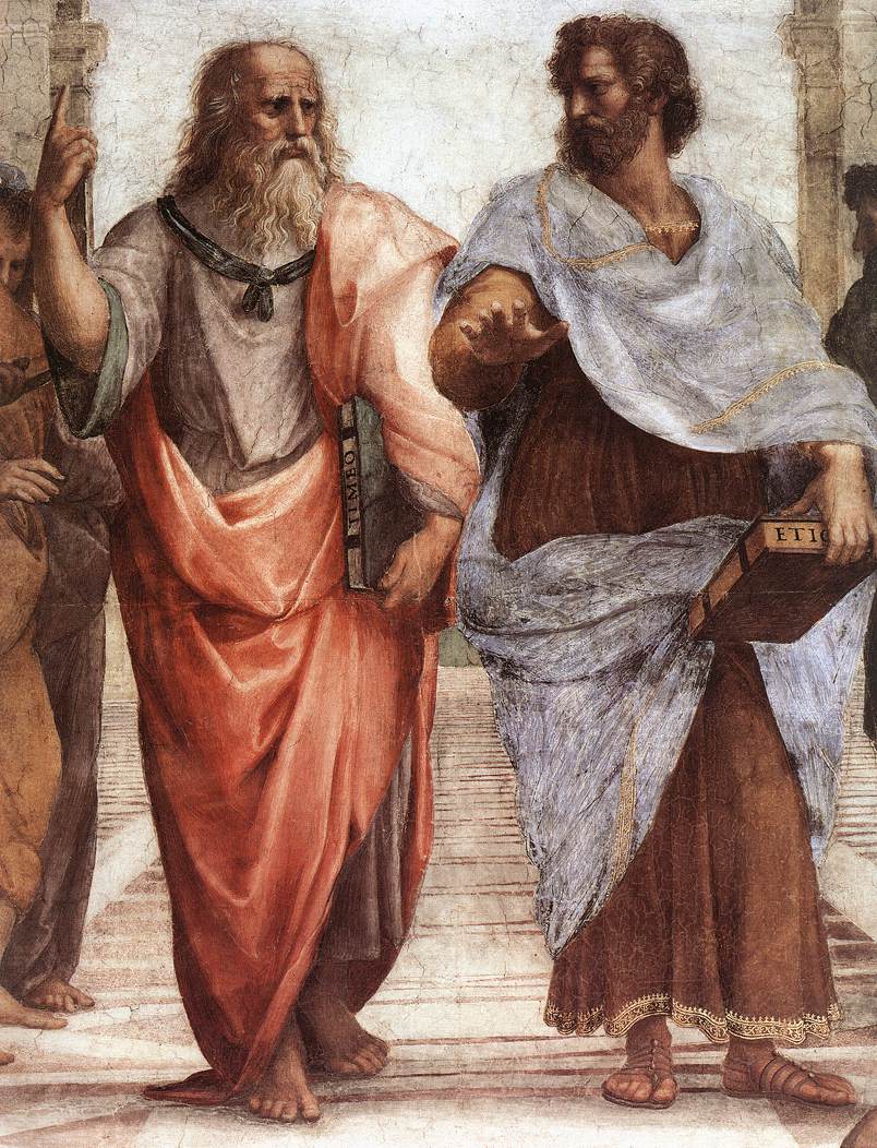 Atina Okulu detayı: yukarıyı gösteren Platon ve avucunu yere uzatan Aristoteles