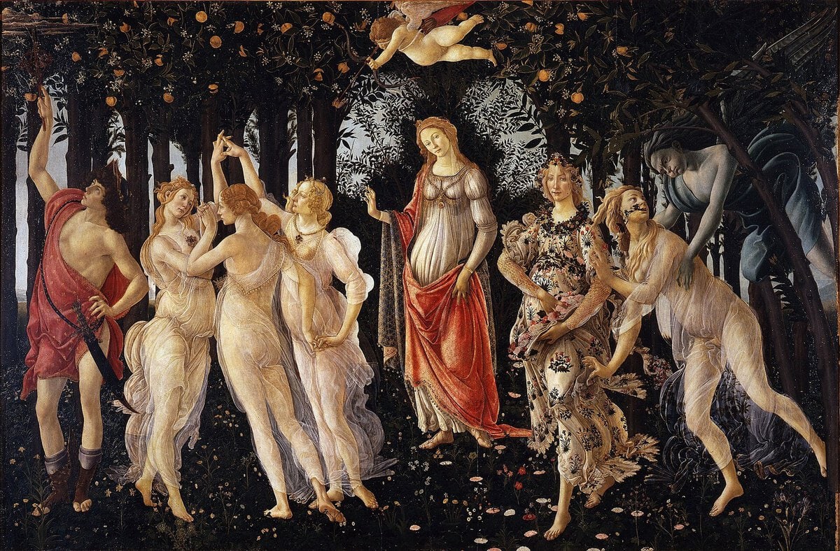 Botticelli'nin Bahar (Primavera) tablosu: portakal bahçesinde Venüs, Üç Güzeller, Merkür, Flora ve Zefiros