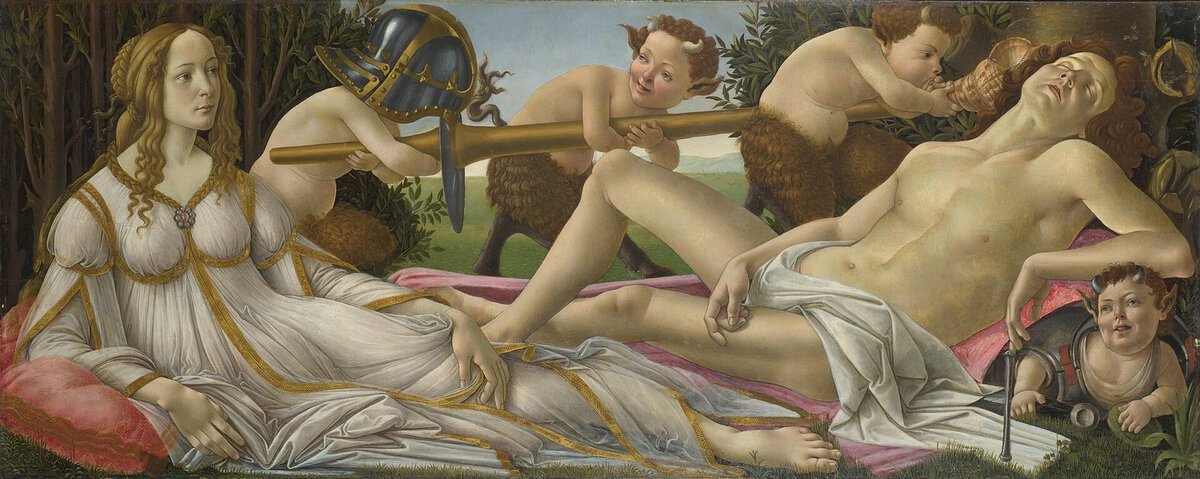 Botticelli'nin Venüs ve Mars tablosu: uyuyan Mars ve onu izleyen Venüs