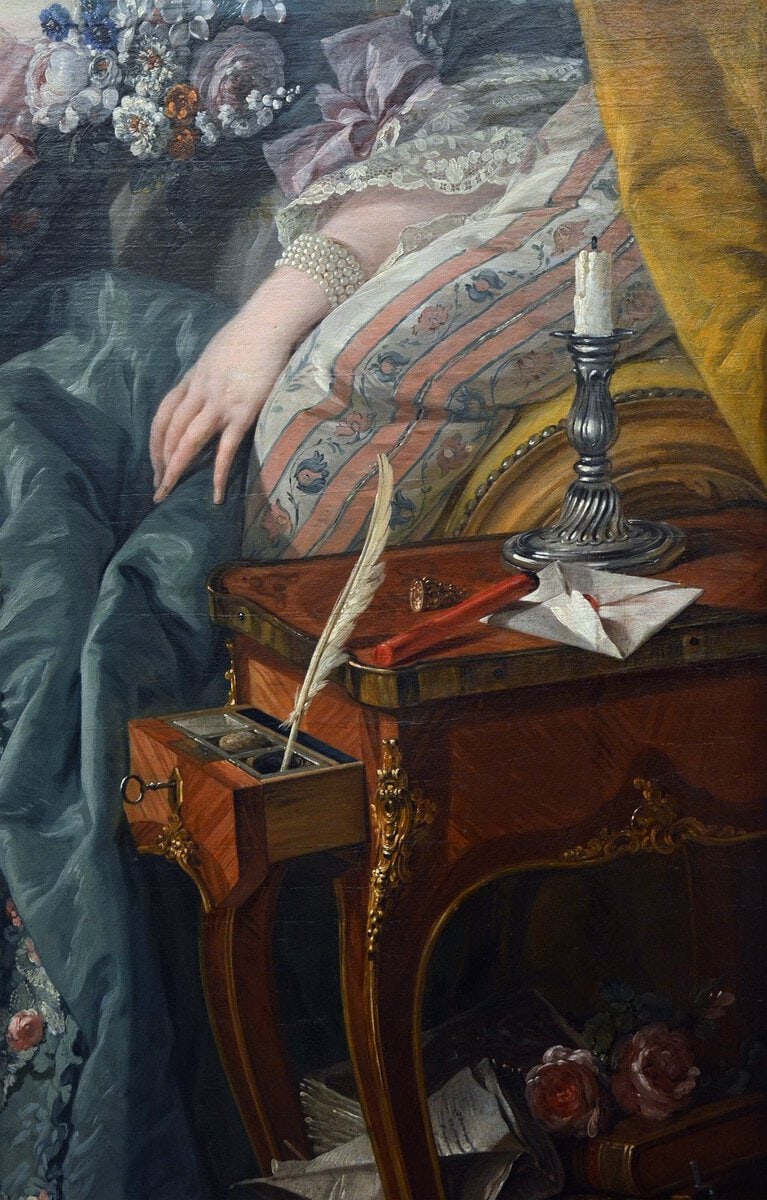 Boucher'nin Madame de Pompadour Portresi: yeşil elbiseli, kitaplı kadın