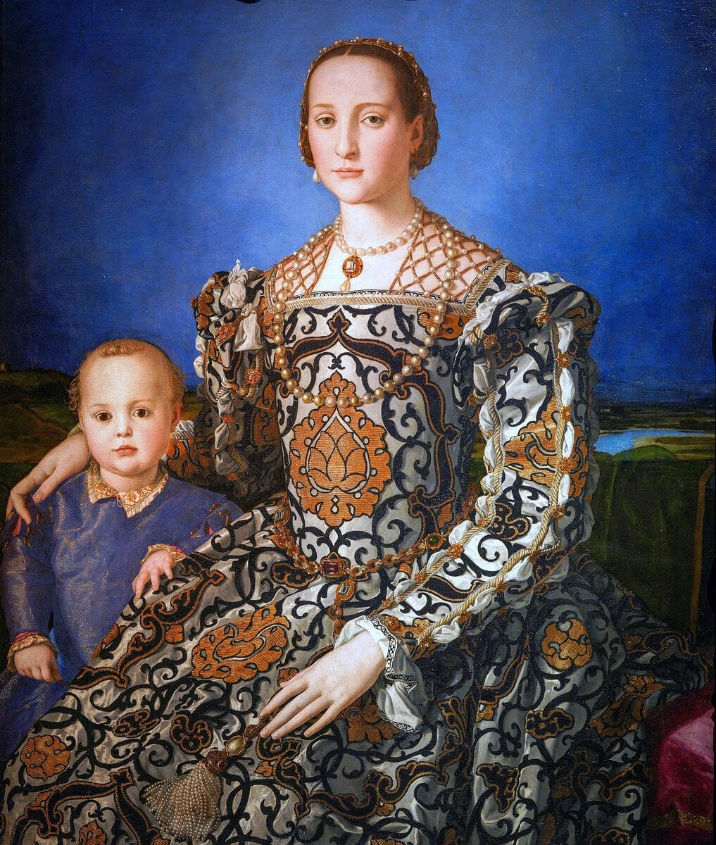 Bronzino'nun Eleonora di Toledo ve Oğlu Giovanni portresi: işlemeli brokar elbise