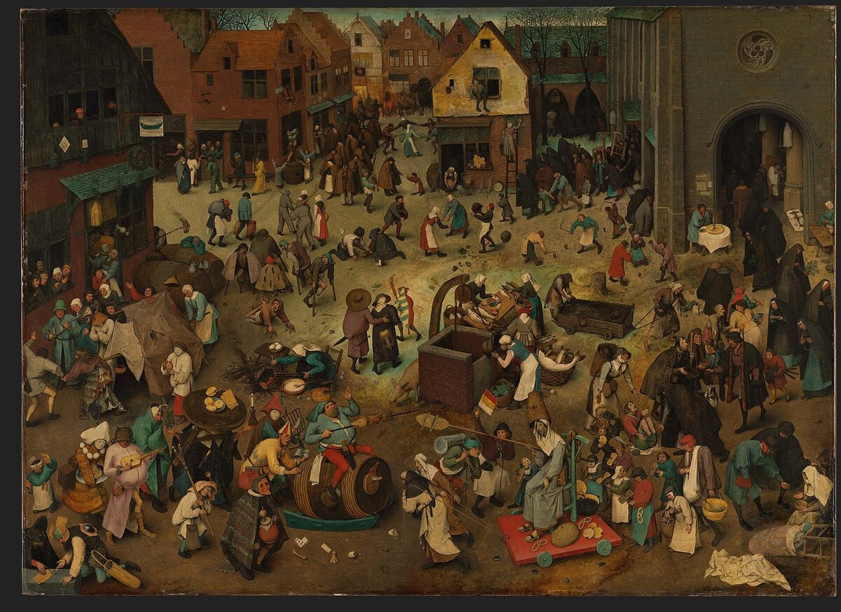 Bruegel'in Karnaval ile Perhizin Savaşı tablosu: meydanda karşılaşan iki alay