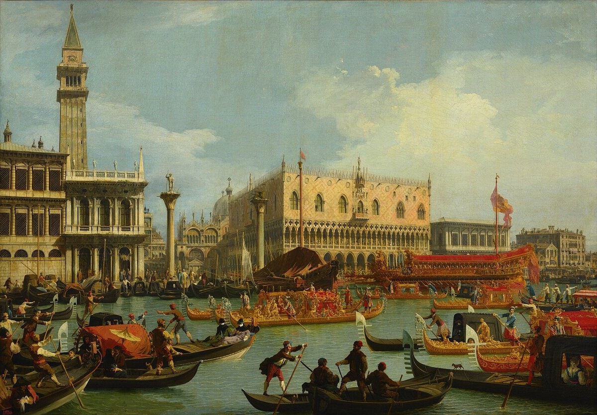 Canaletto'nun Bucintoro'nun Dönüşü tablosu: törensel tekne ve kalabalık