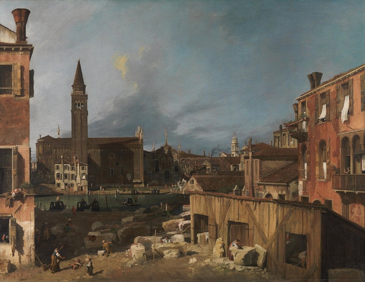 Canaletto'nun Taş İşçisinin Avlusu tablosu: gündelik Venedik sahnesi
