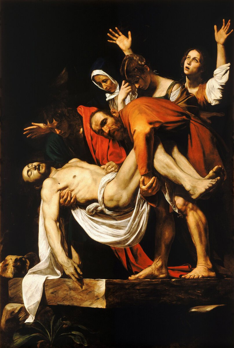 Caravaggio'nun Mezara Koyuluş tablosu: karanlık arka plan önünde mezara indirilen İsa'nın bedeni