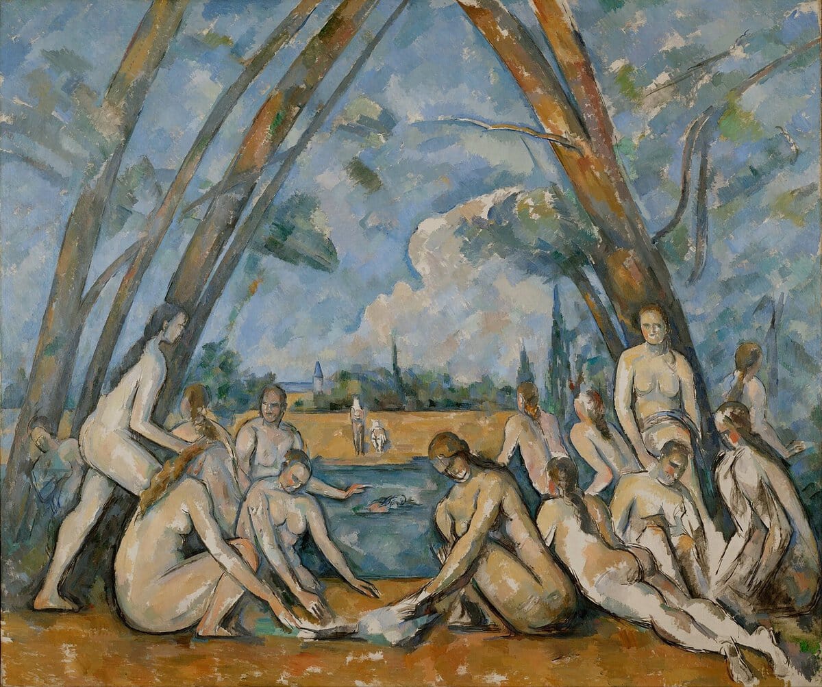 Cezanne'ın Büyük Yıkananlar tablosu: ağaçların oluşturduğu üçgen altında figürler