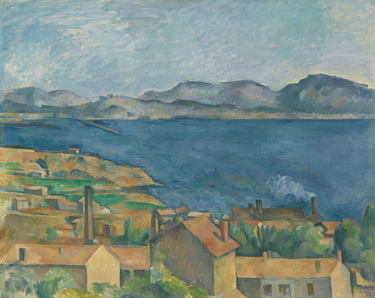 Cezanne'ın L'Estaque'tan Marsilya Körfezi tablosu: mavi deniz ve kiremit çatılar