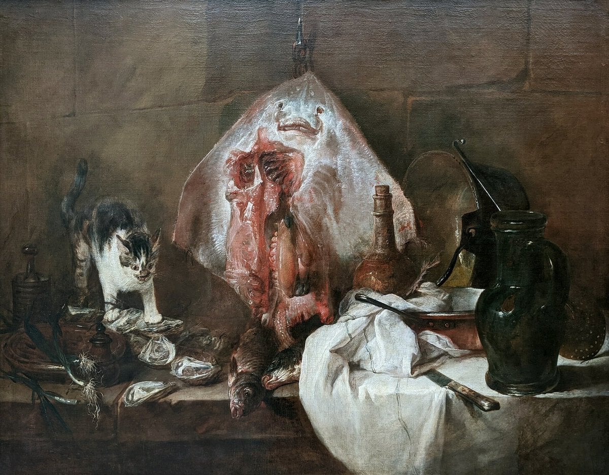 Chardin'in Vatoz tablosu: asılı balık, kedi ve istiridyeler
