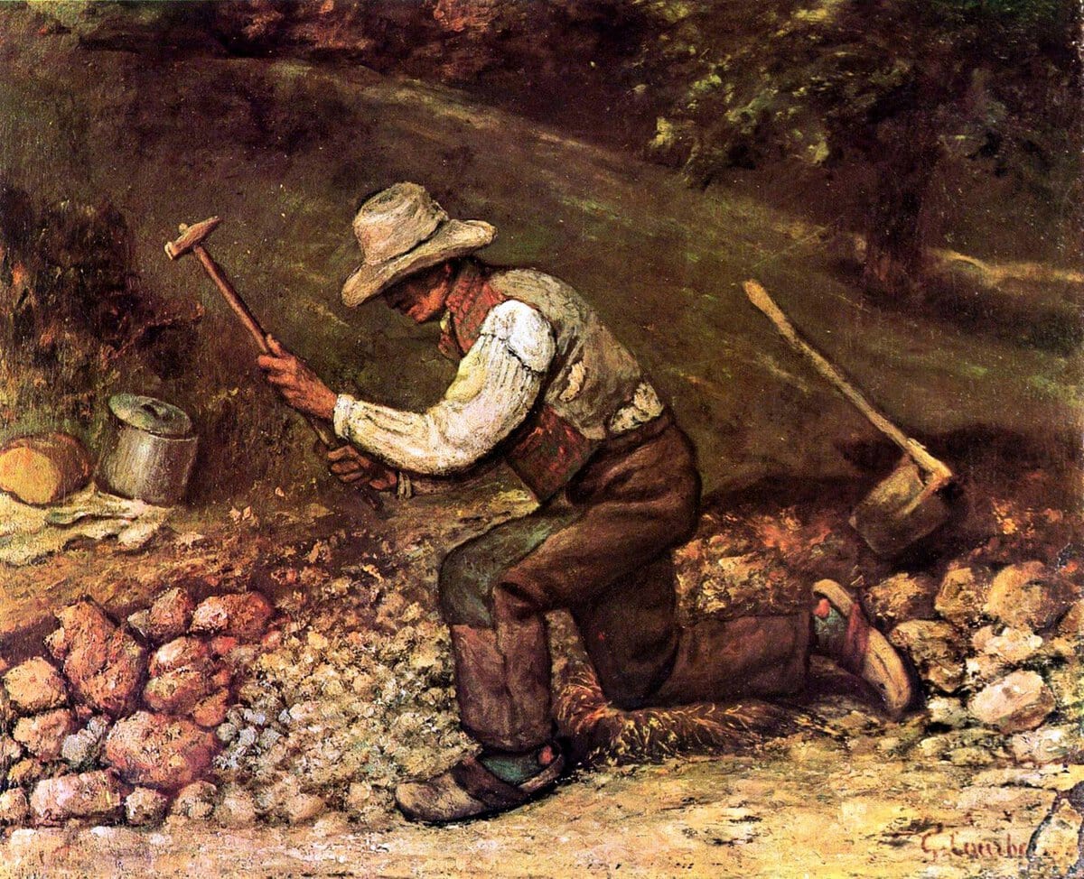 Courbet'nin Taş Kıranlar tablosu: yol kenarında taş kıran iki işçi