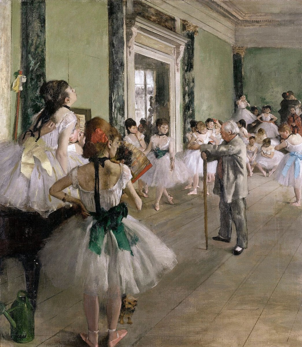 Degas'nın Dans Dersi tablosu: prova salonunda balerinler ve hoca