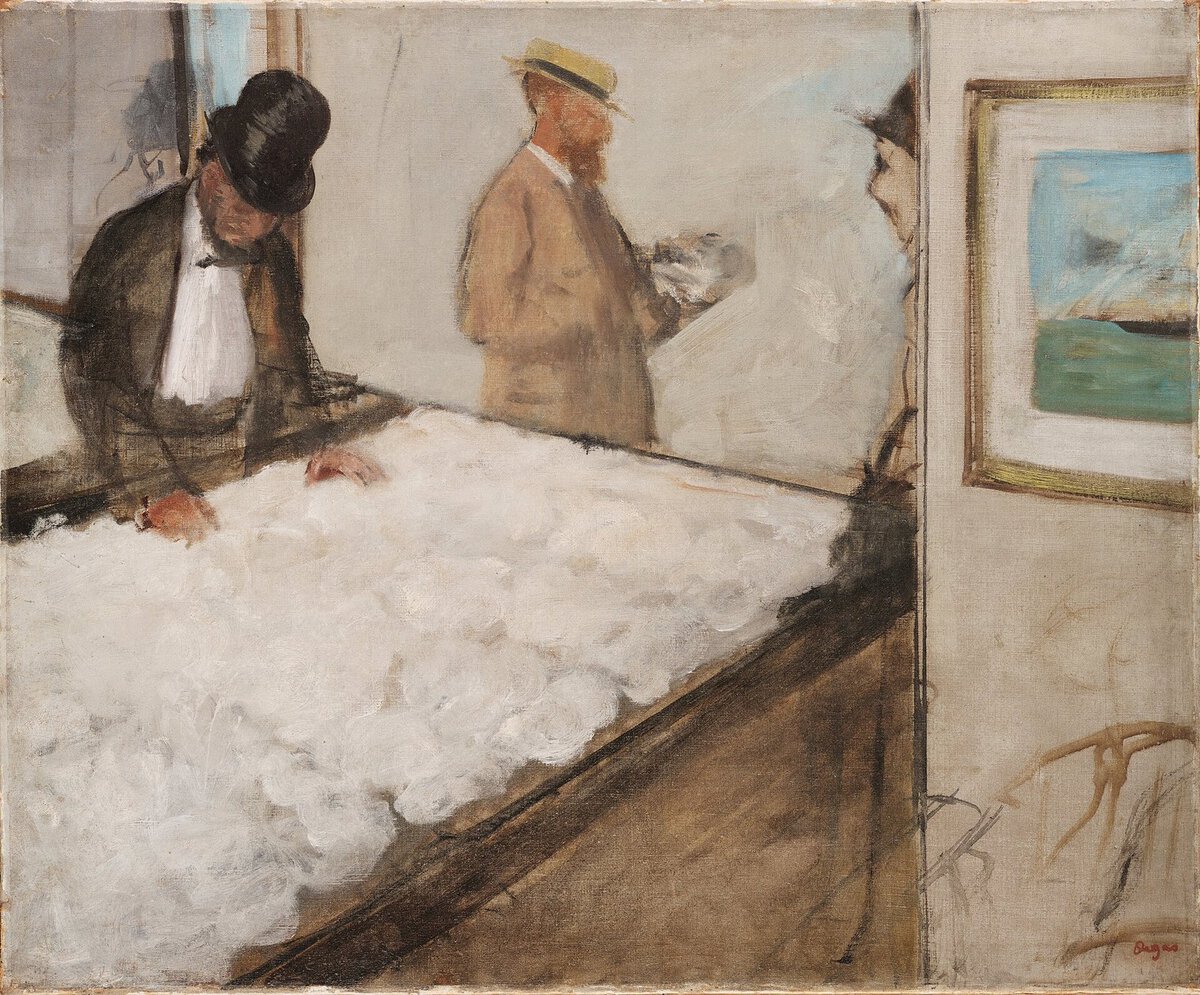 Degas'nın New Orleans Pamuk Bürosu tablosu: pamuk inceleyen tüccarlar