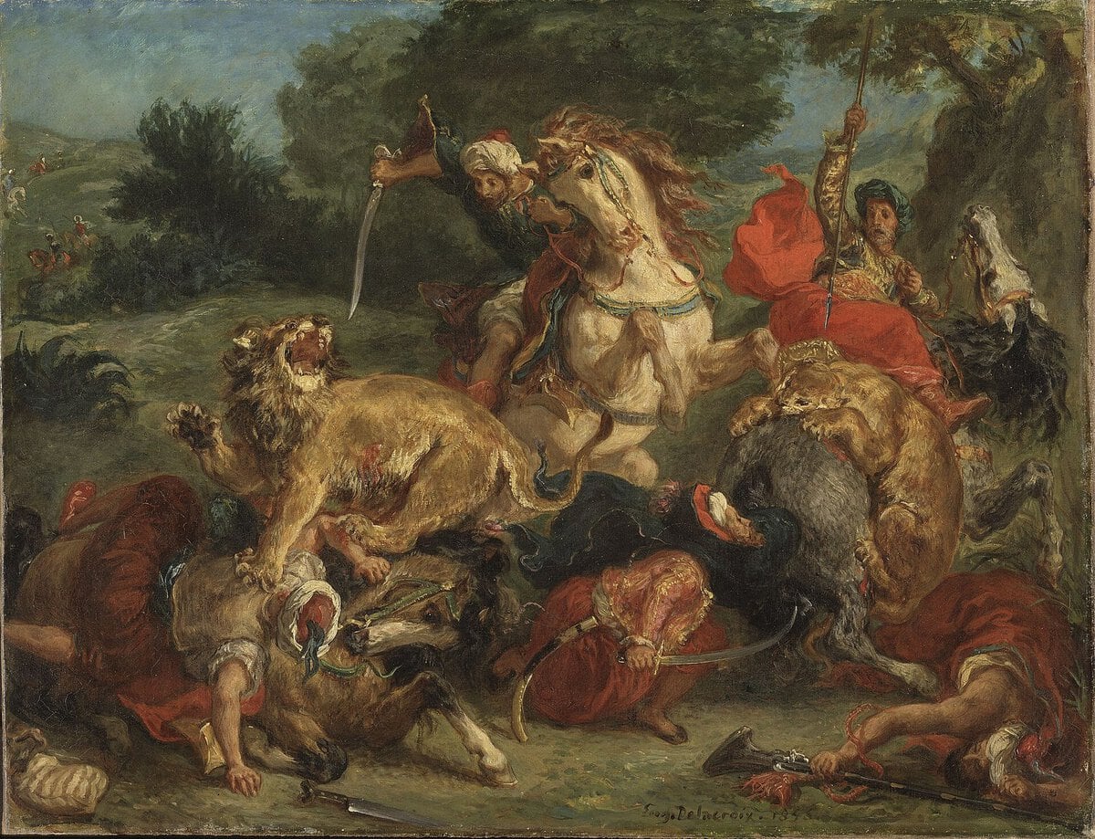 Delacroix'nın Aslan Avı tablosu: atlılar ve aslanlar