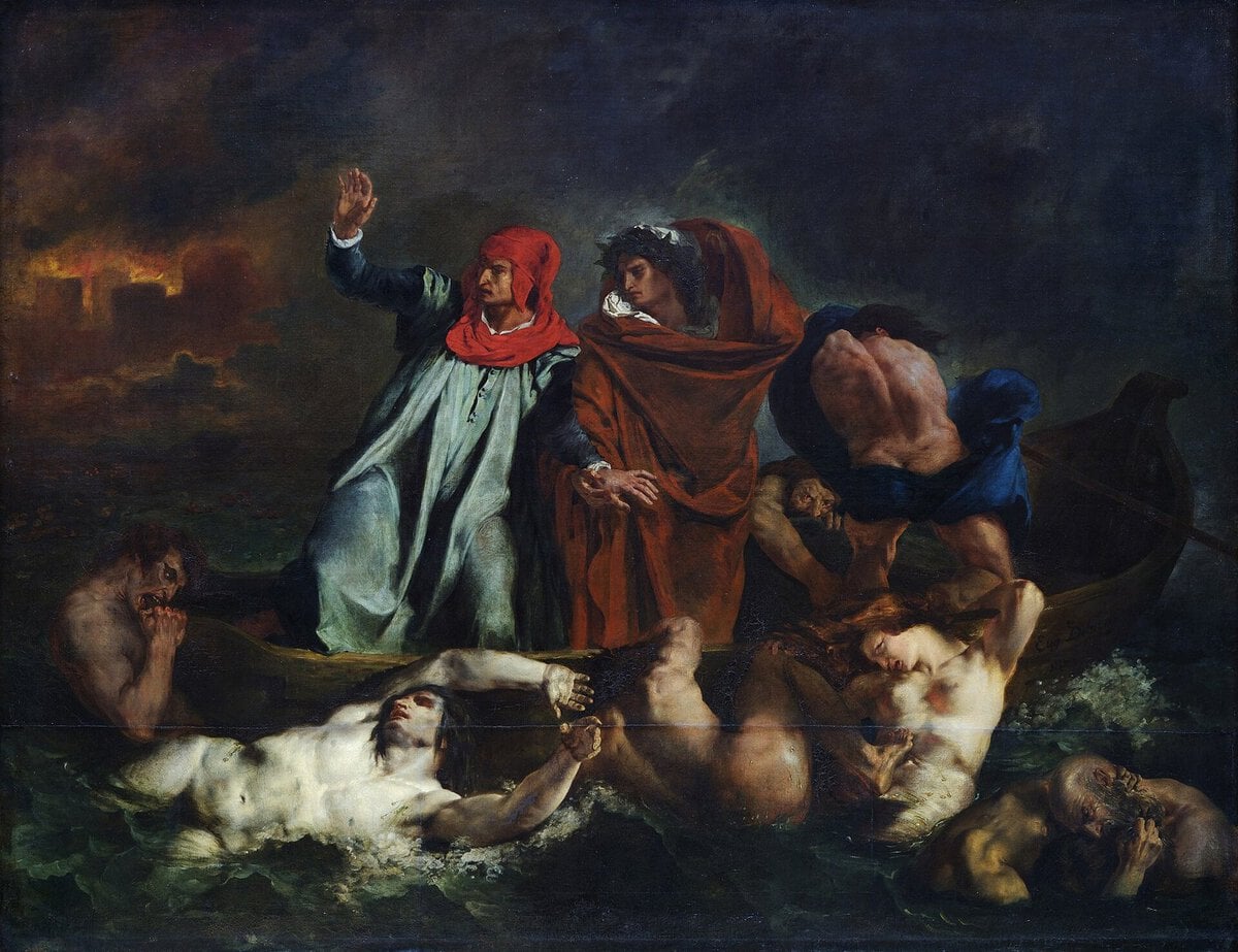 Delacroix'nın Dante'nin Kayığı tablosu: cehennem sularında kayık