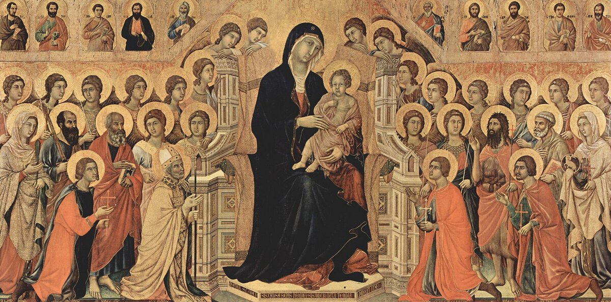 Duccio'nun Maestà panosu: tahtta Meryem ve çevresinde azizler