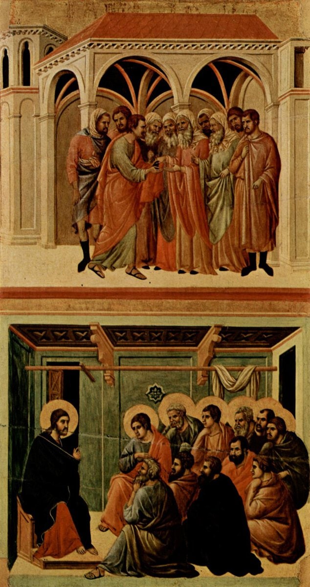 Duccio'nun Maestà arka yüzündeki Yahuda'nın İhaneti sahnesi