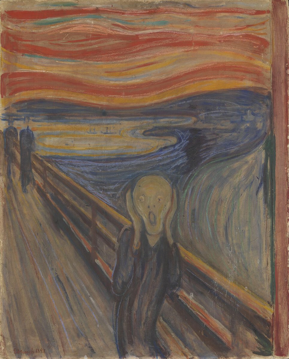 Edvard Munch'un Çığlık tablosu: kan kırmızısı gökyüzü altında köprüde ellerini yüzüne bastırmış figür