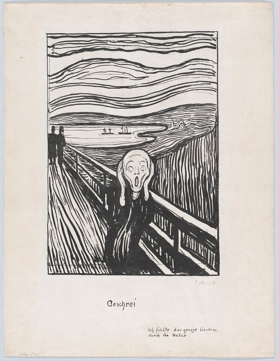 Munch'un Çığlık litografisi: siyah beyaz taş baskı versiyonu