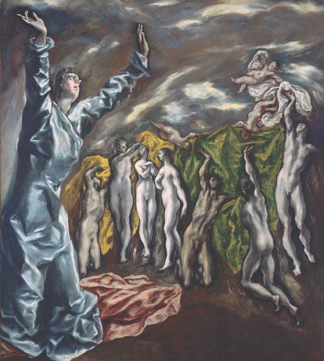 El Greco'nun Beşinci Mührün Açılışı tablosu: uzayan figürler ve dalgalı gökyüzü