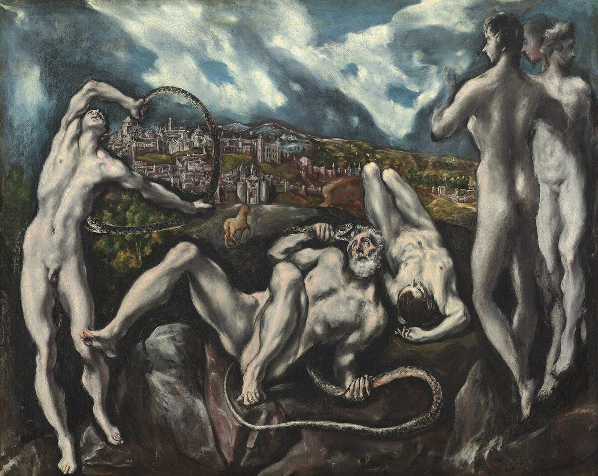 El Greco'nun Laokoon tablosu: yılanlarla boğuşan figürler ve arka planda Toledo