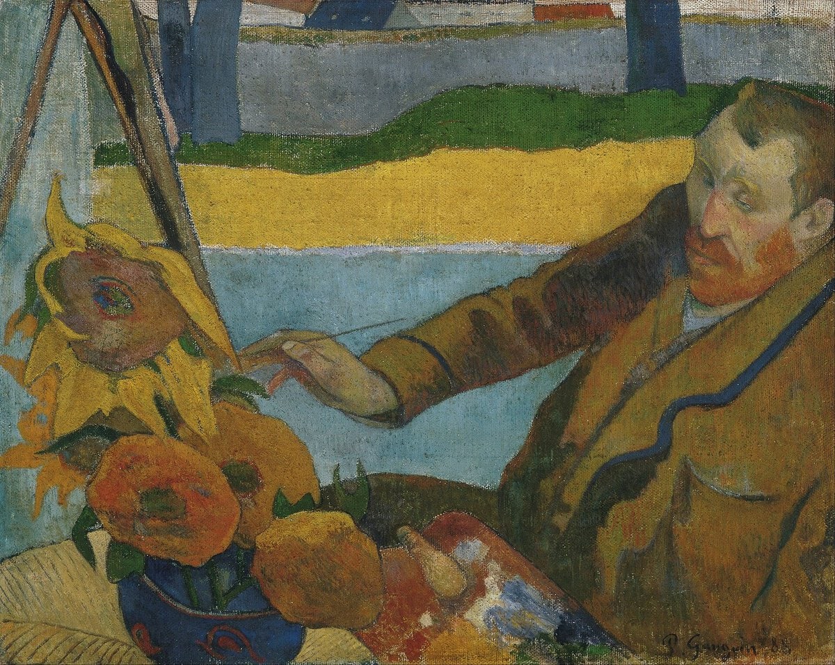 Gauguin'in resmettiği, şövale başında ayçiçeklerini boyayan Van Gogh