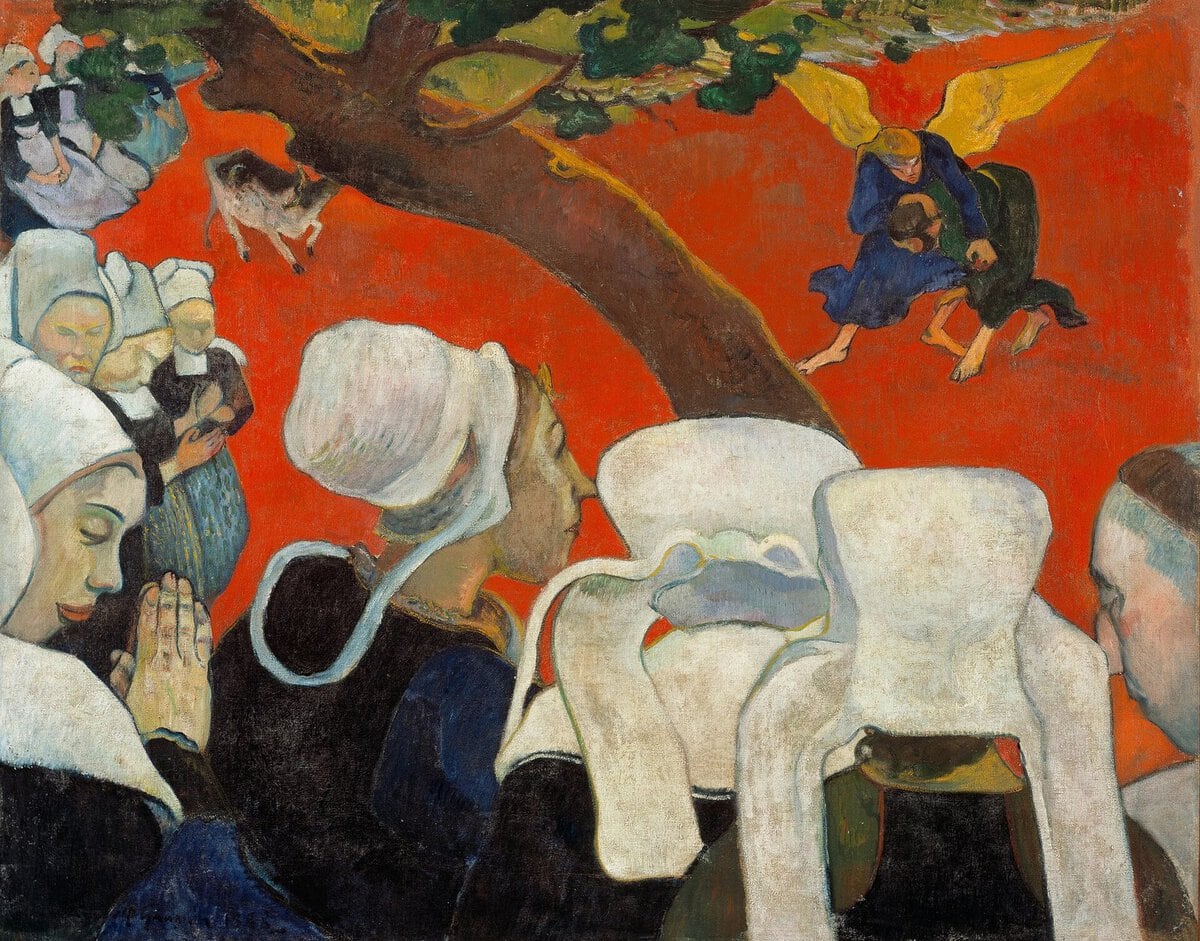 Gauguin'in Vaazdan Sonra Görüm tablosu: kırmızı zeminde melekle güreşen Yakup