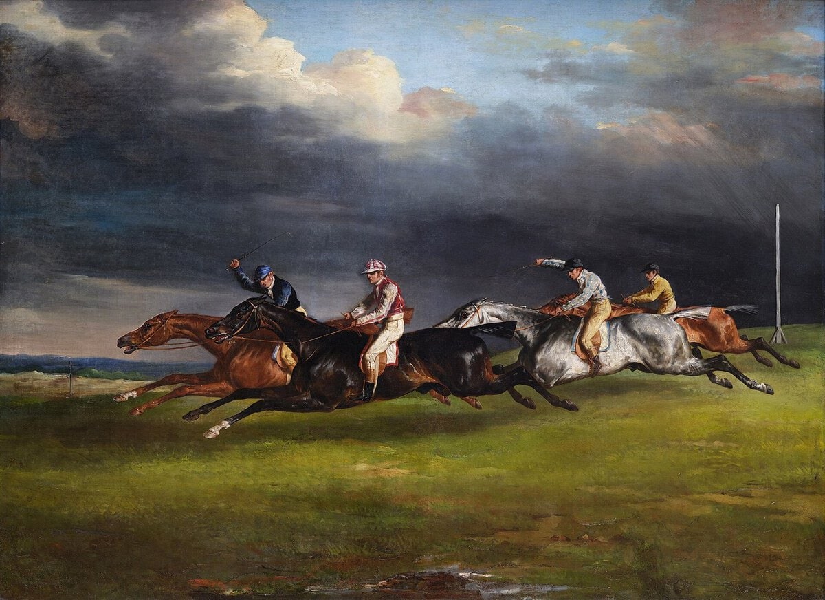 Géricault'nun Epsom Derbisi tablosu: dört nala koşan yarış atları