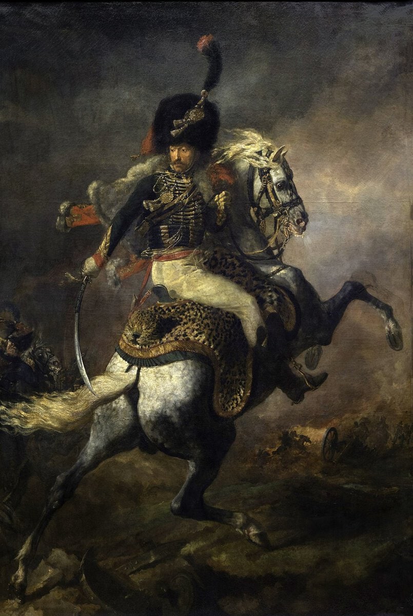 Géricault'nun Hücum Eden Avcı Subayı tablosu: şaha kalkmış at üstünde asker