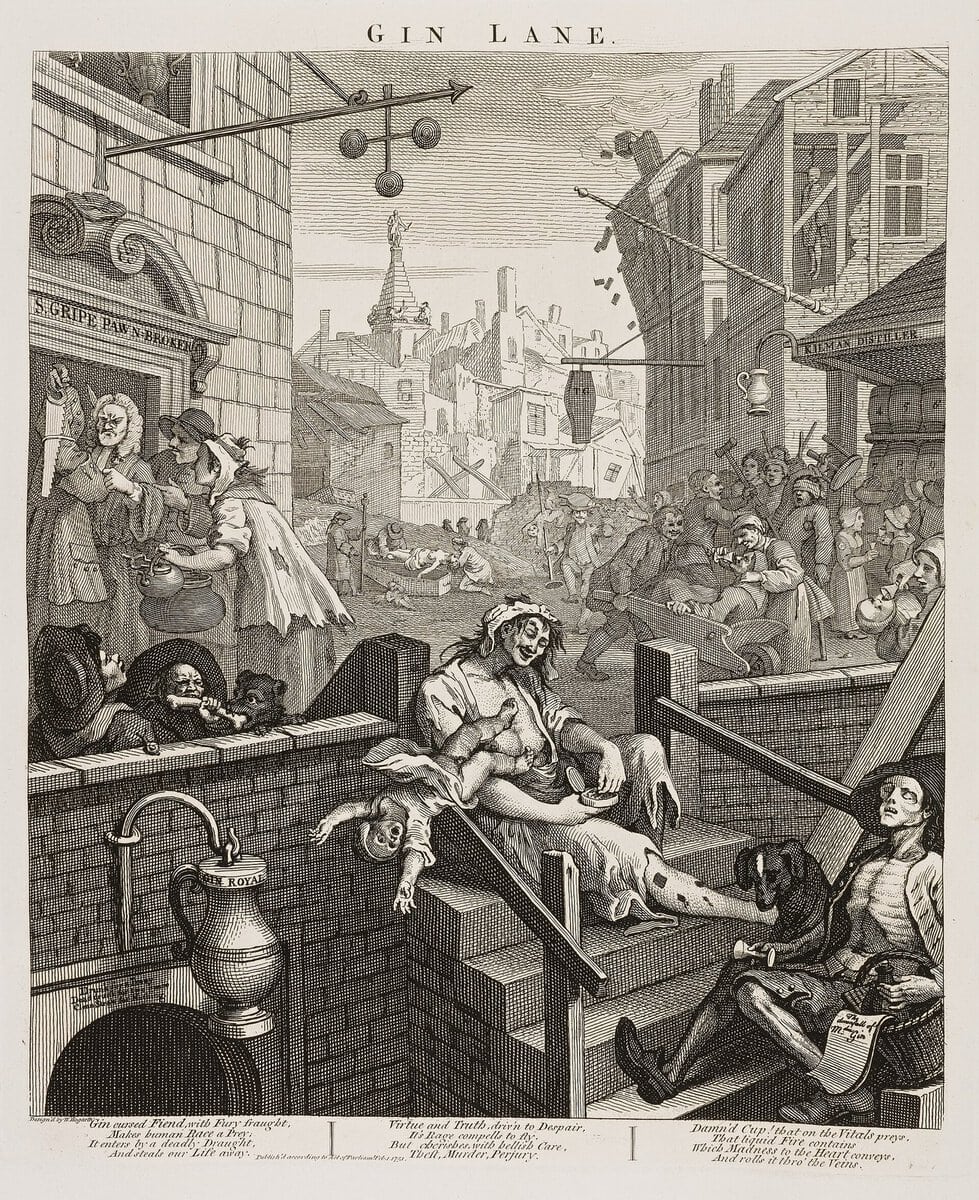 Hogarth'ın Cin Sokağı baskısı: çöküşün anlatıldığı sokak sahnesi
