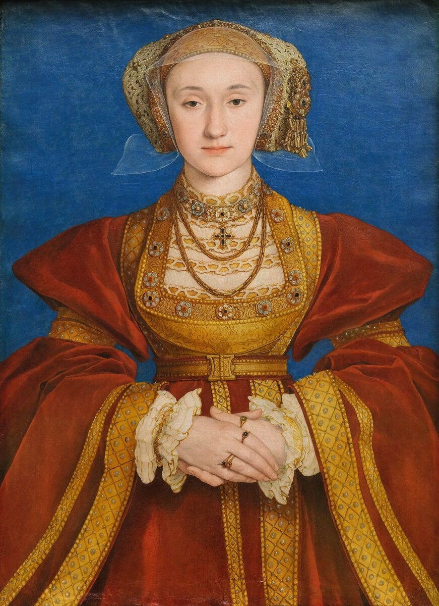 Holbein'in Anne of Cleves Portresi: işlemeli başlıklı, cepheden kadın