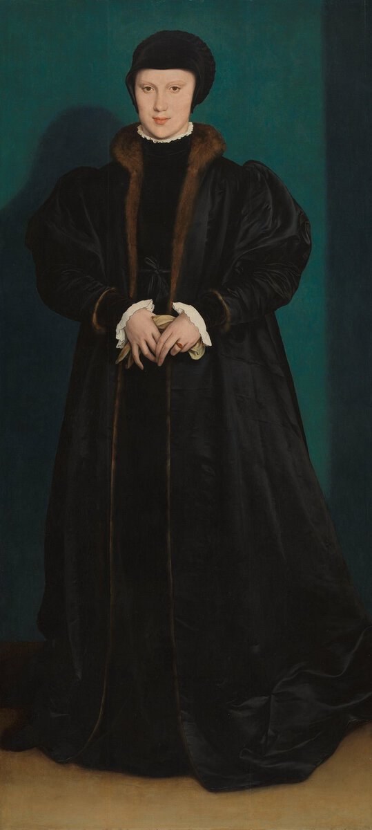 Holbein'in Christina of Denmark Portresi: siyah yas giysili genç kadın