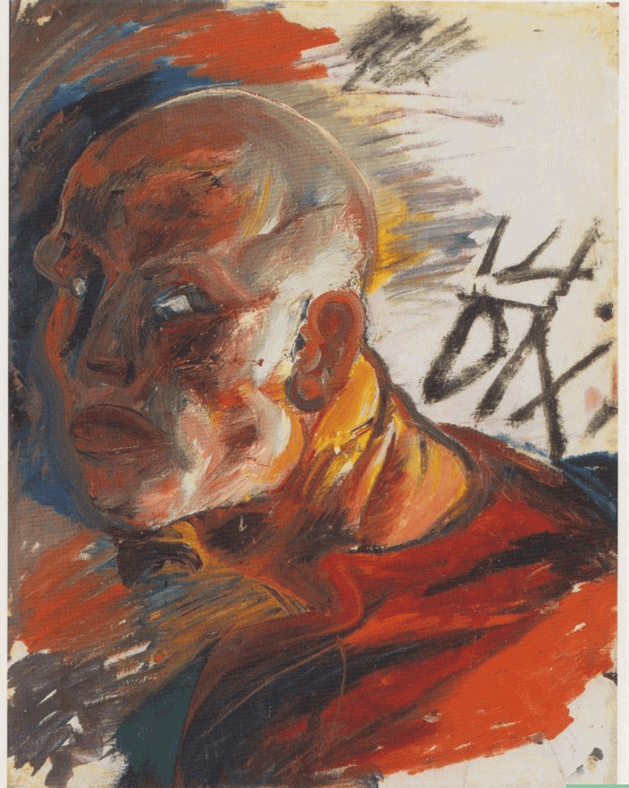 Otto Dix'in Asker Olarak Otoportre tablosu: kalın fırça darbeleriyle boyanmış sert bakışlı genç adam