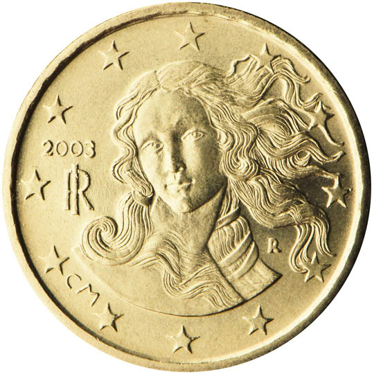 Üzerinde Botticelli'nin Venüs'ü bulunan İtalyan 10 sentlik euro madeni parası