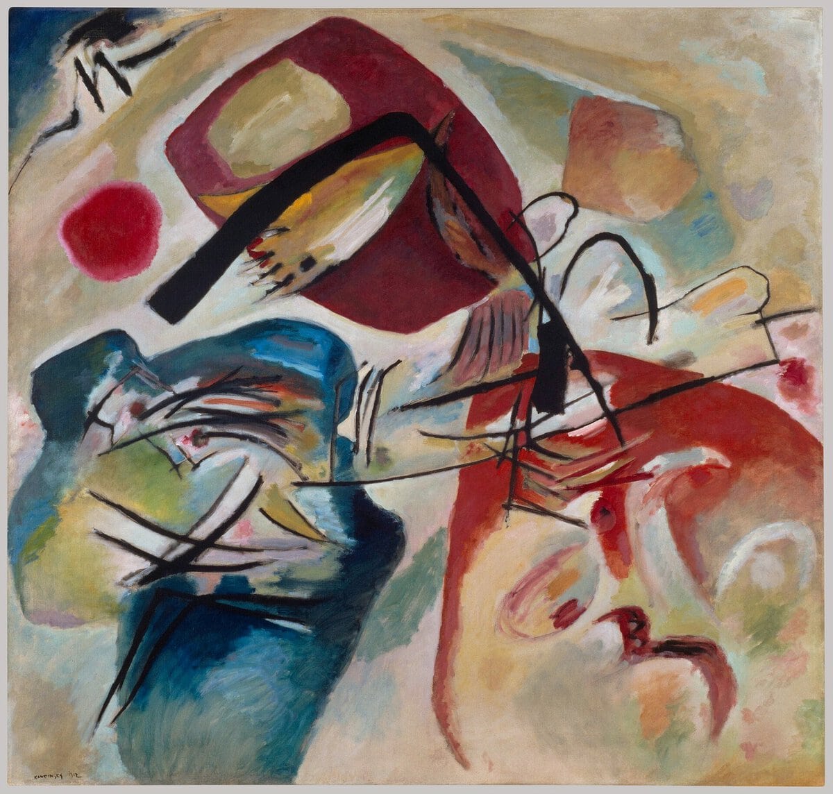 Kandinsky'nin Siyah Yay ile tablosu: üç renk kütlesi ve siyah yay