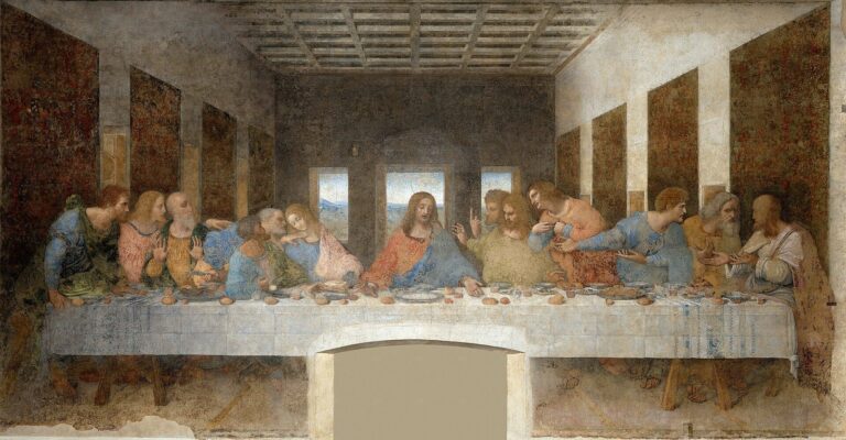 Leonardo da Vinci'nin Son Akşam Yemeği: uzun masanın ortasında İsa ve iki yanında üçerli gruplar halinde on iki havari