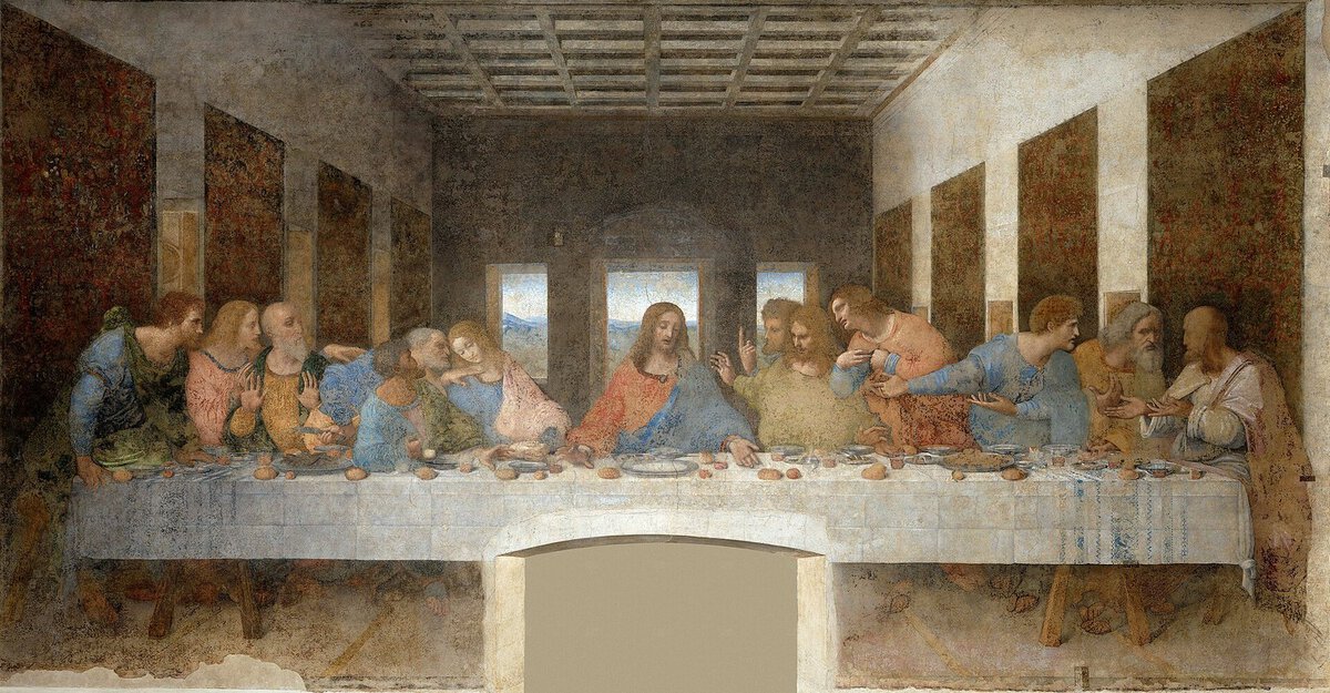 Leonardo da Vinci'nin Son Akşam Yemeği: uzun masanın ortasında İsa ve iki yanında üçerli gruplar halinde on iki havari
