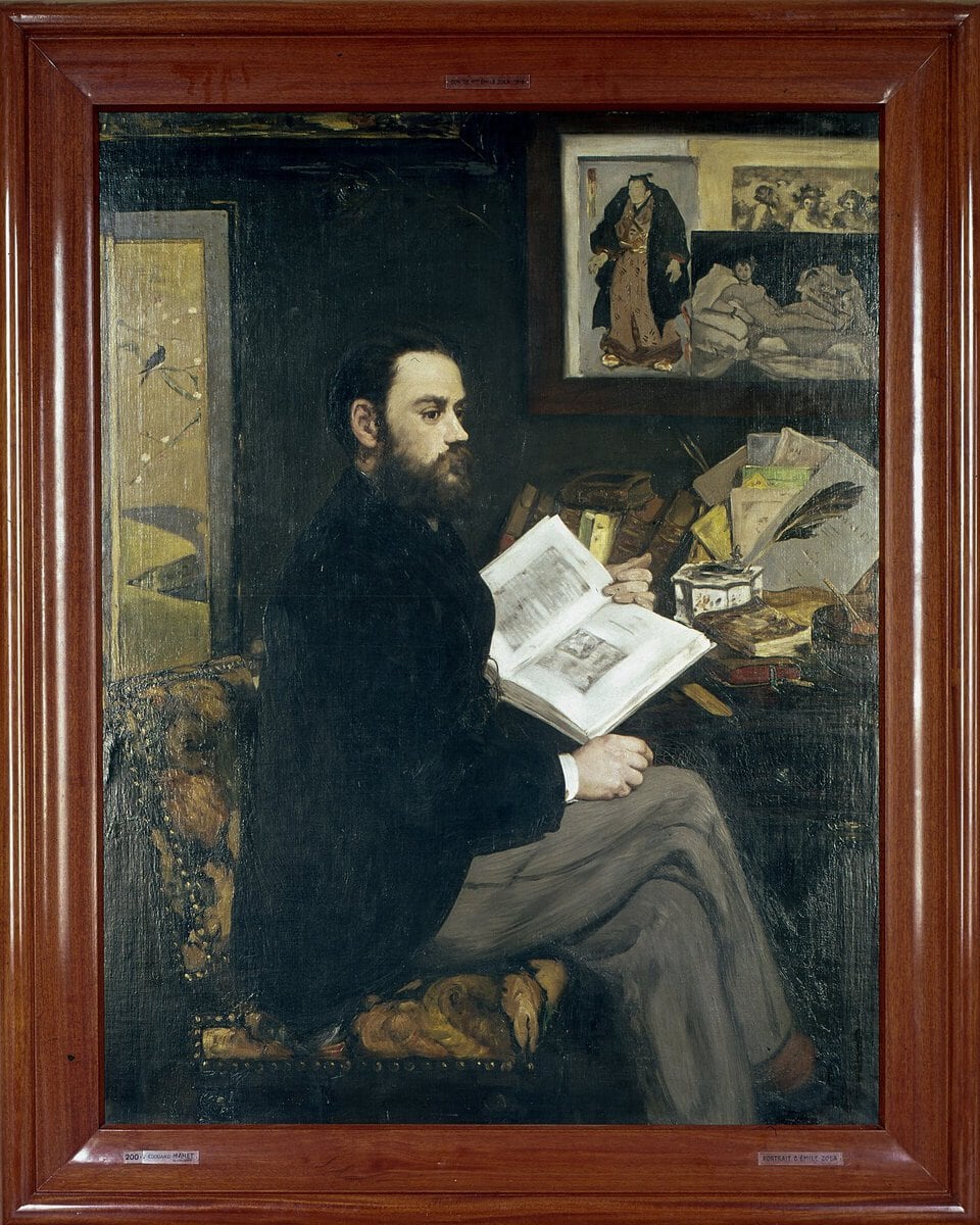Manet'nin Émile Zola Portresi: kitaplar ve Japon baskısıyla çalışma masası