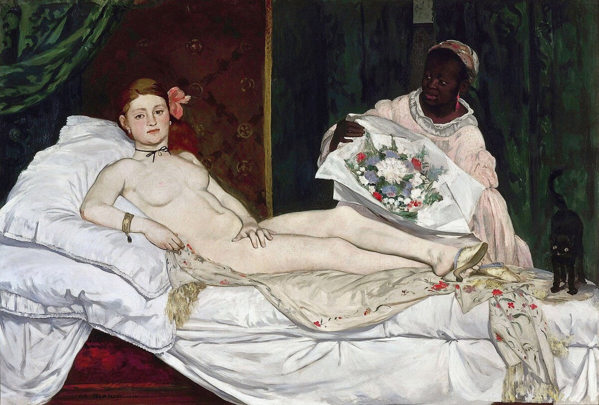 Manet'nin Olympia tablosu: yatakta uzanmış, izleyiciye bakan kadın