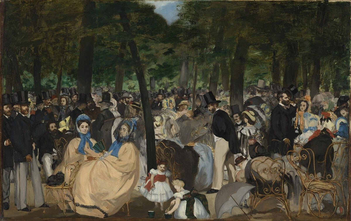 Manet'nin Tuileries Bahçesi'nde Müzik tablosu: parkta toplanmış kalabalık