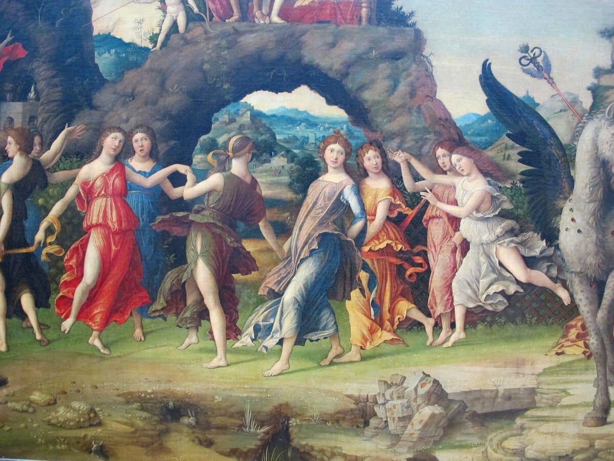 Mantegna'nın Parnassus tablosu: kaya kemerinin önünde dans eden Musalar