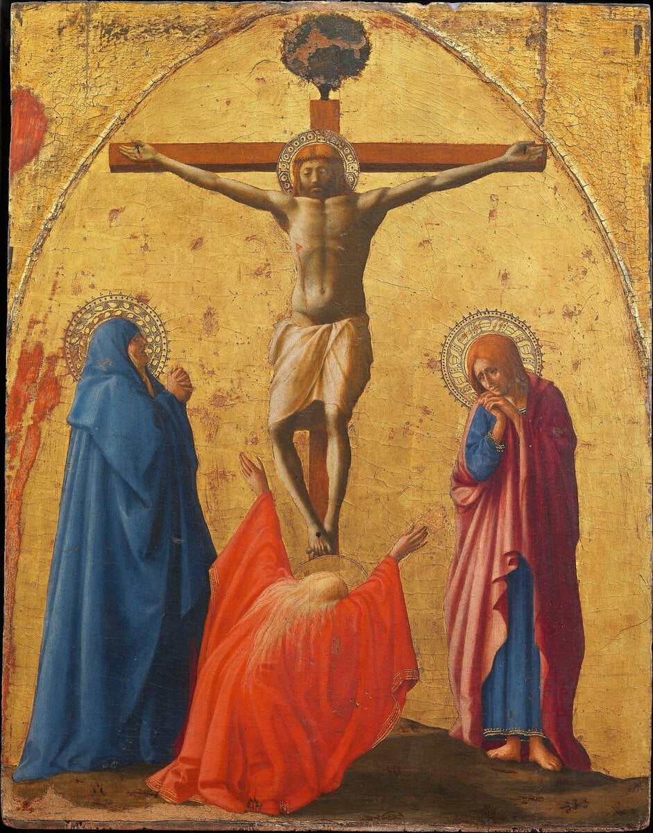 Masaccio'nun Çarmıha Geriliş panosu: yukarıdan bakış açısıyla çizilmiş sahne