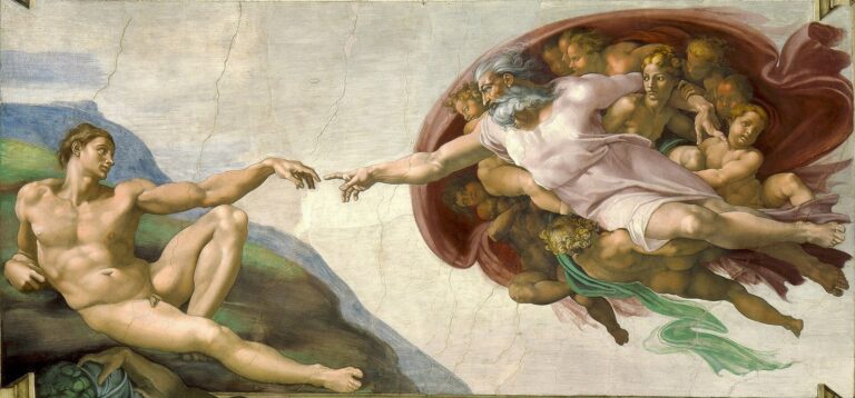 Michelangelo'nun Adem'in Yaratılışı freski: yeryüzüne uzanmış Adem ve meleklerle çevrili Tanrı'nın birbirine uzanan parmakları