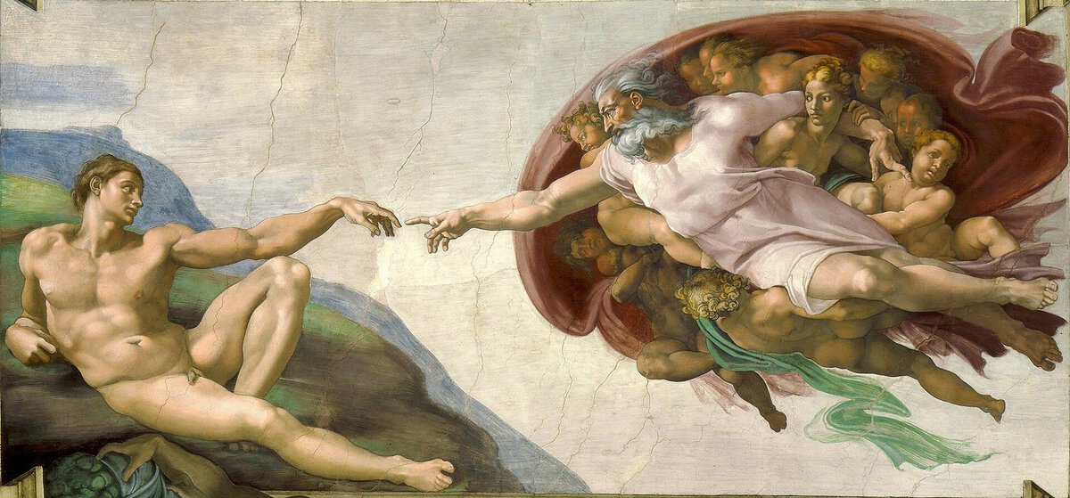 Michelangelo'nun Adem'in Yaratılışı freski: yeryüzüne uzanmış Adem ve meleklerle çevrili Tanrı'nın birbirine uzanan parmakları