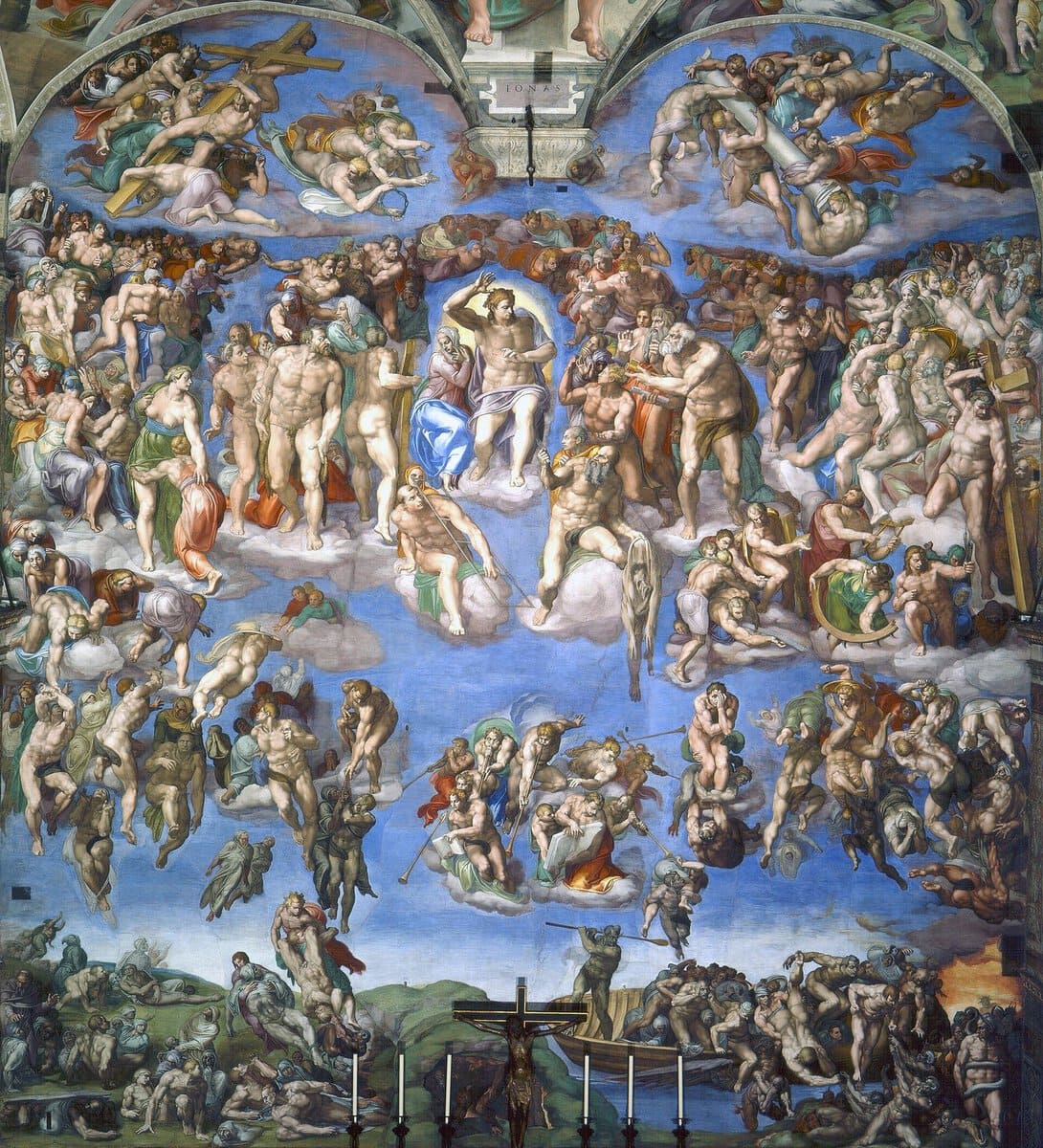 Michelangelo'nun Son Yargı freski: ortada yargılayan İsa, çevresinde yüzlerce figür